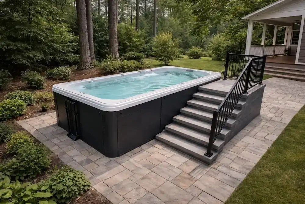 A compact small backyard swimming pool installed beside a home patio in a North Carolina yard