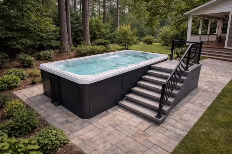 A compact small backyard swimming pool installed beside a home patio in a North Carolina yard
